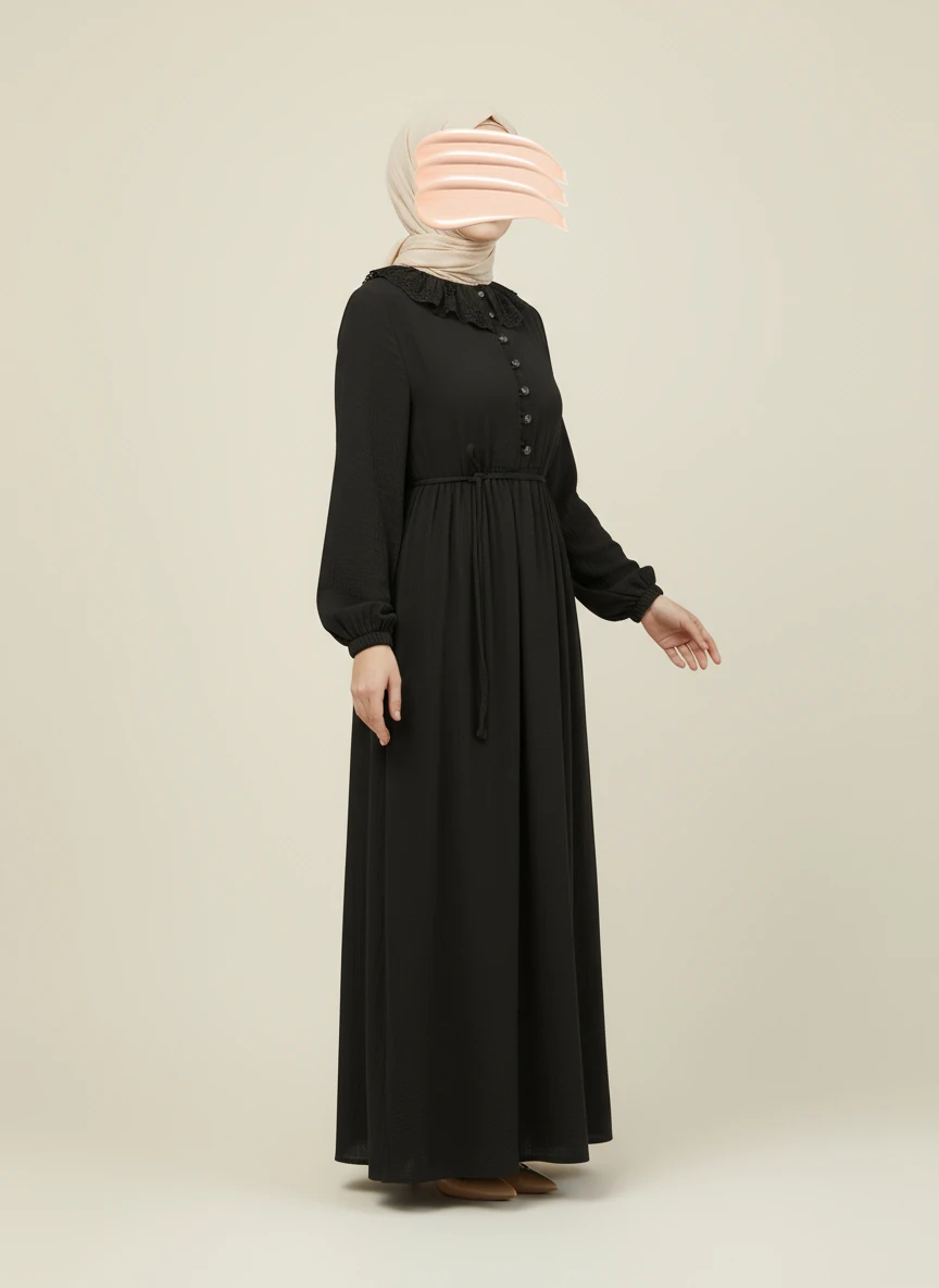 Siyah Dantel Bebe Yaka Yarım Düğmeli Müslin Ferace Elbise