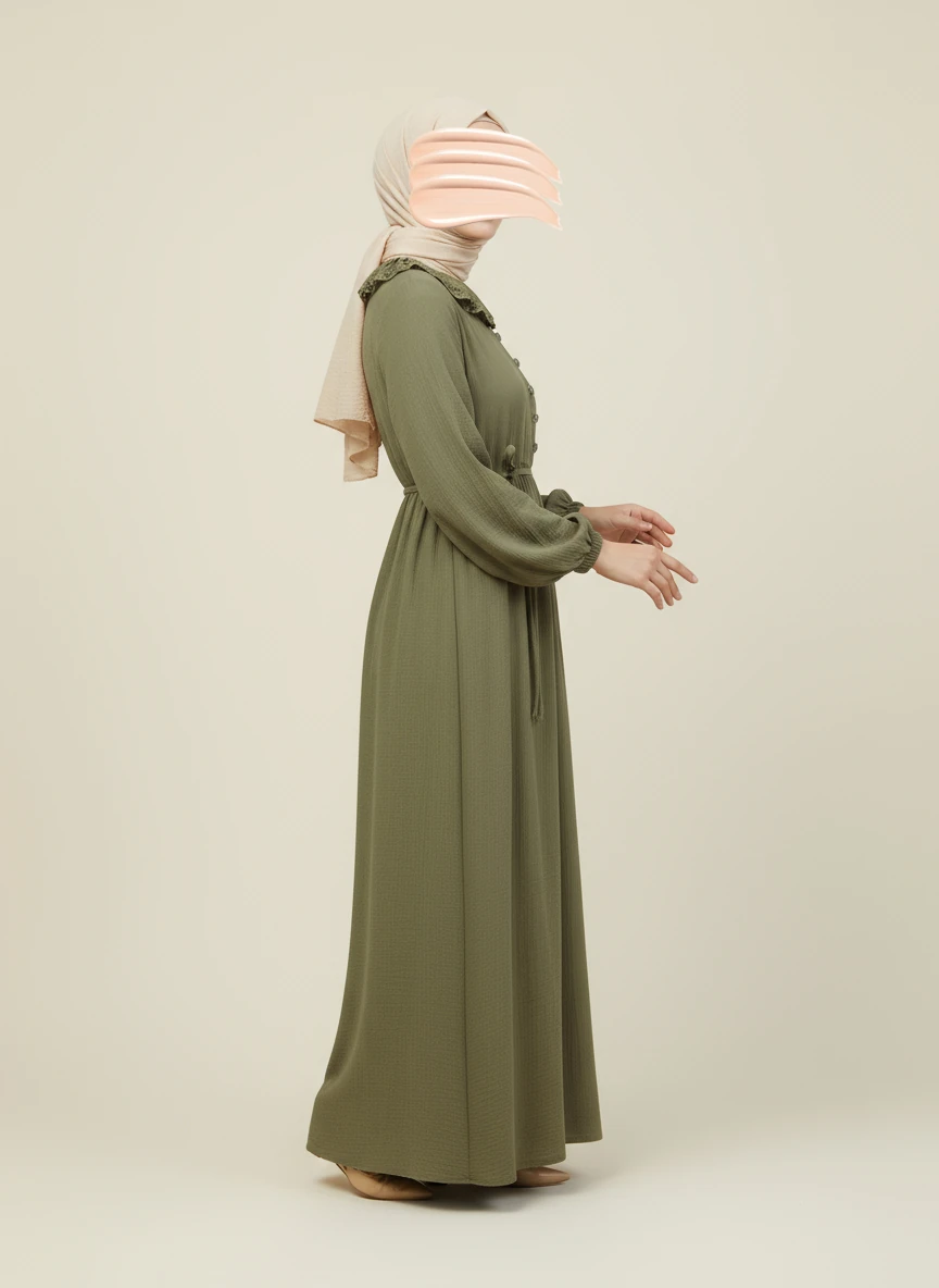 Haki Dantel Bebe Yaka Yarım Düğmeli Müslin Ferace Elbise