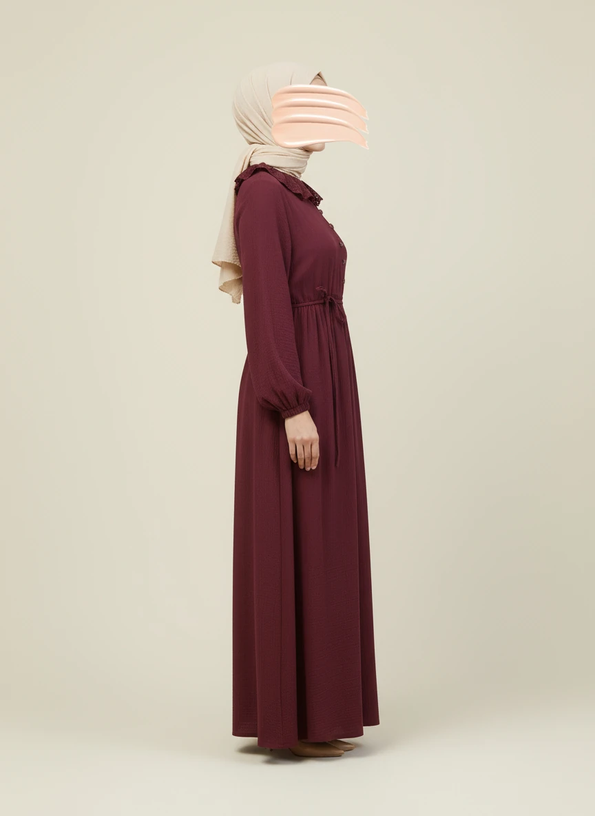 Bordo Dantel Bebe Yaka Yarım Düğmeli Müslin Ferace Elbise