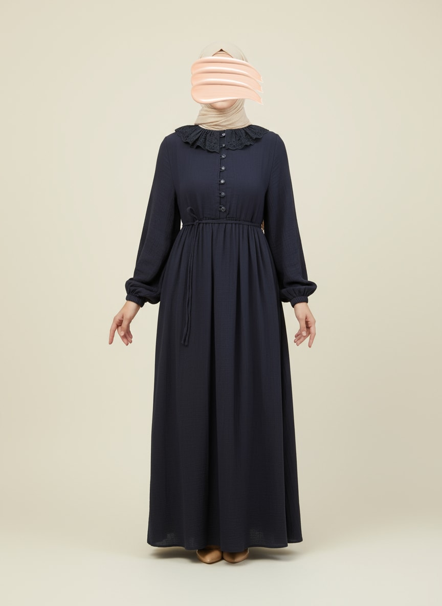 Lacivert Dantel Bebe Yaka Yarım Düğmeli Müslin Ferace Elbise