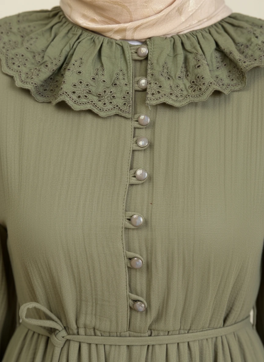 Haki Dantel Bebe Yaka Yarım Düğmeli Müslin Ferace Elbise