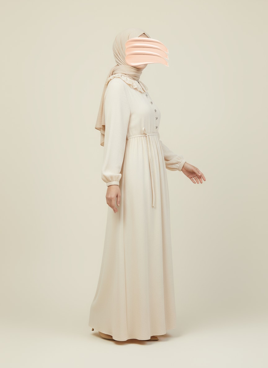 Bej Dantel Bebe Yaka Yarım Düğmeli Müslin Ferace Elbise