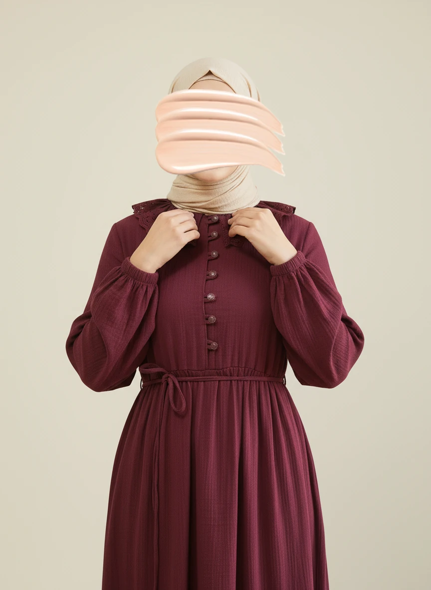 Bordo Dantel Bebe Yaka Yarım Düğmeli Müslin Ferace Elbise