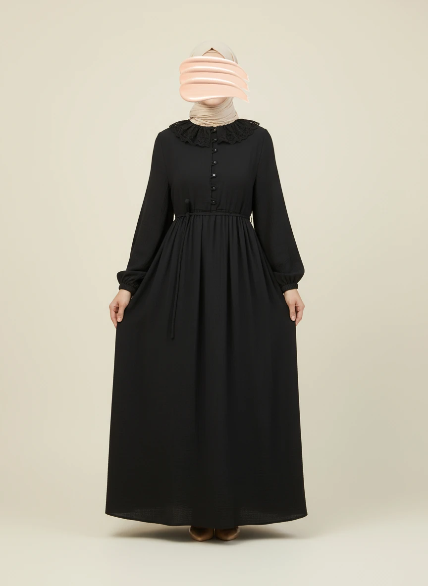 Siyah Dantel Bebe Yaka Yarım Düğmeli Müslin Ferace Elbise