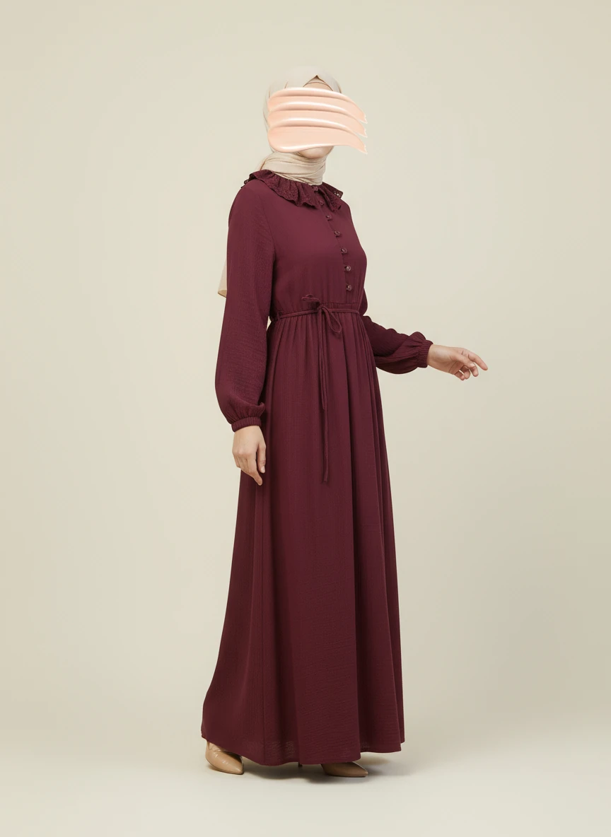 Bordo Dantel Bebe Yaka Yarım Düğmeli Müslin Ferace Elbise