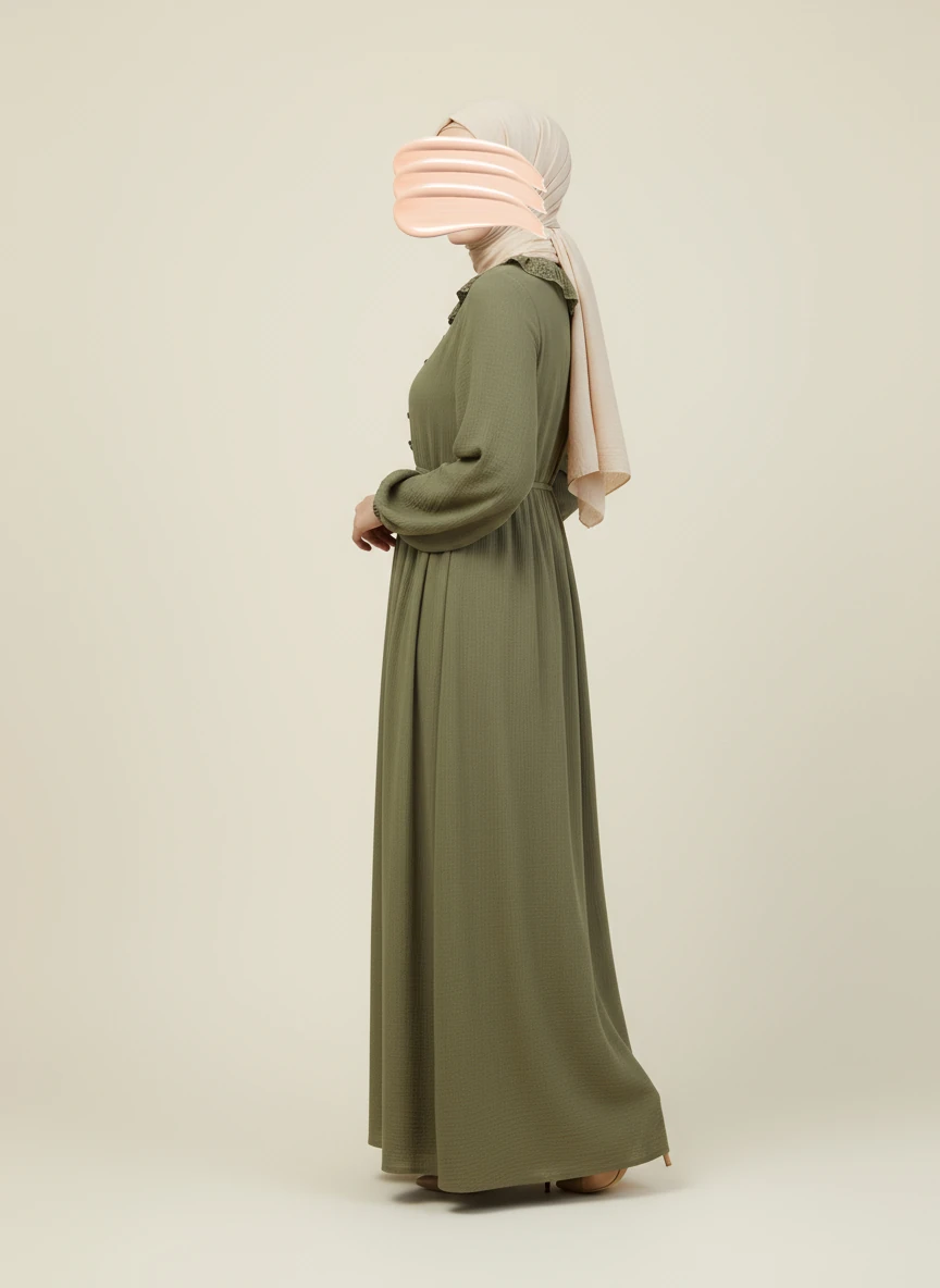 Haki Dantel Bebe Yaka Yarım Düğmeli Müslin Ferace Elbise