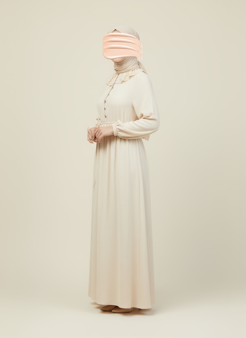 Bej Dantel Bebe Yaka Yarım Düğmeli Müslin Ferace Elbise