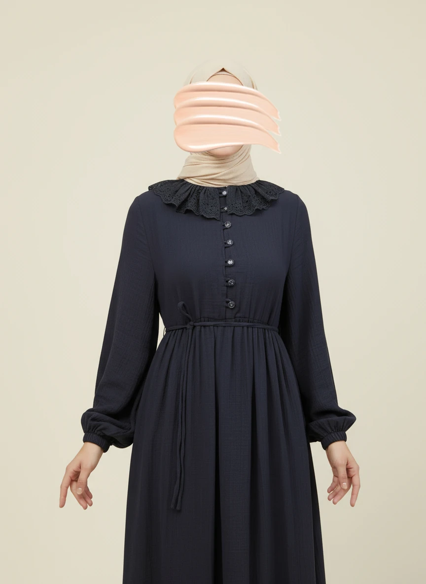 Lacivert Dantel Bebe Yaka Yarım Düğmeli Müslin Ferace Elbise