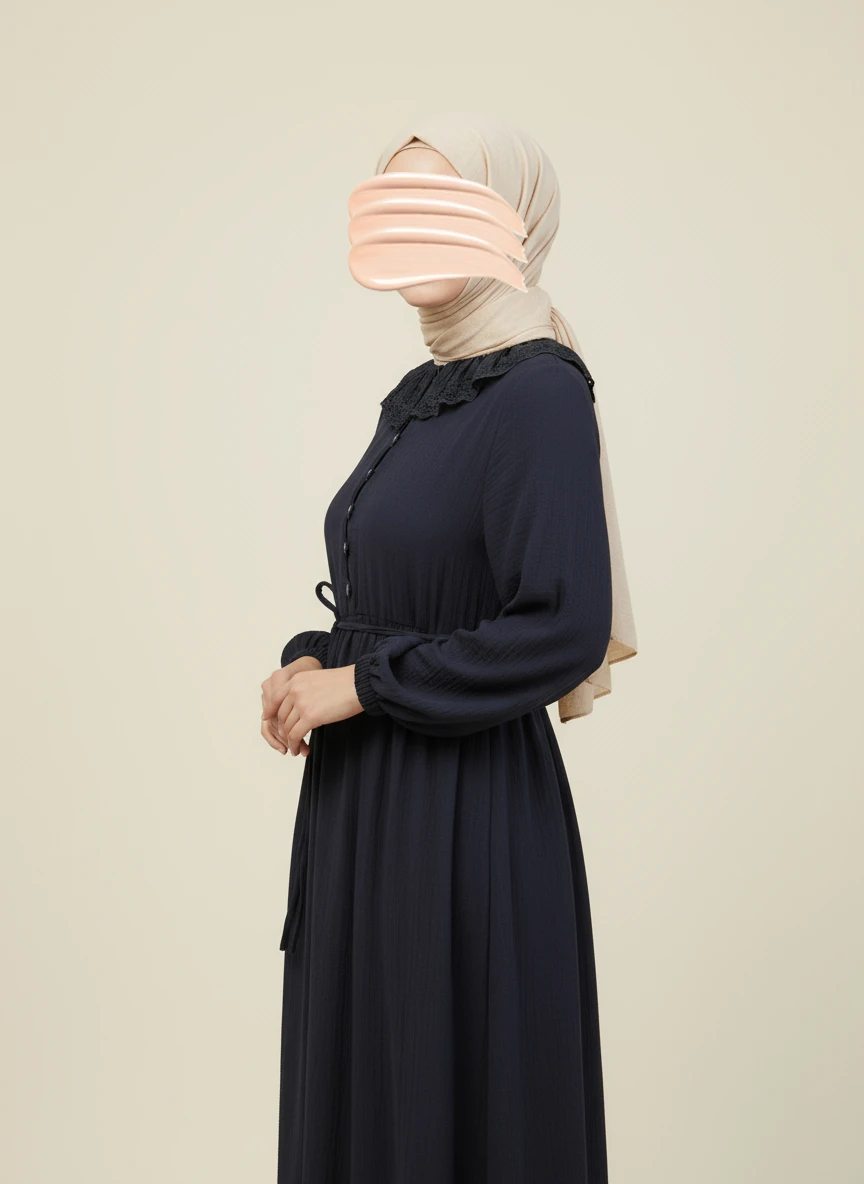 Lacivert Dantel Bebe Yaka Yarım Düğmeli Müslin Ferace Elbise