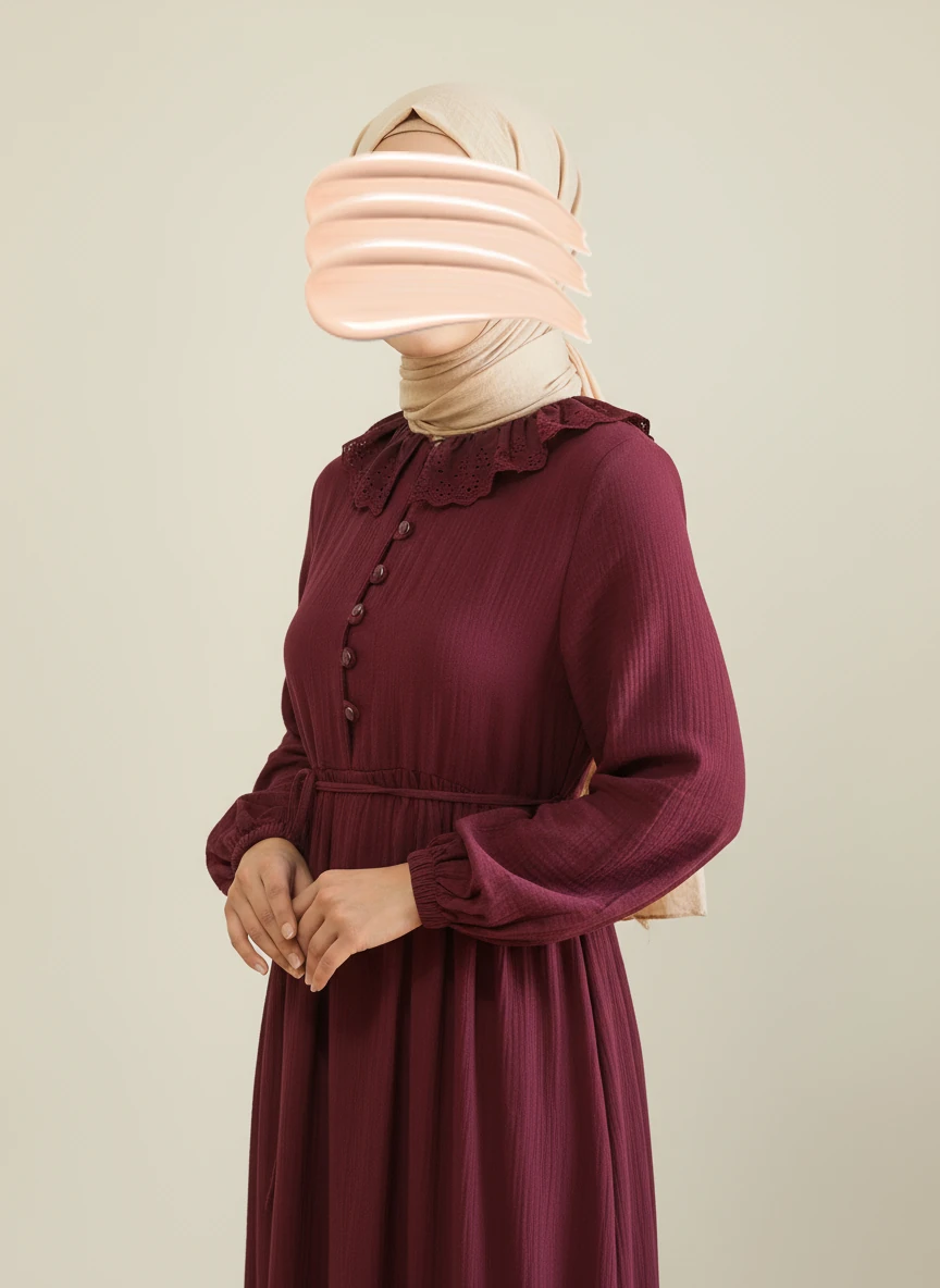 Bordo Dantel Bebe Yaka Yarım Düğmeli Müslin Ferace Elbise