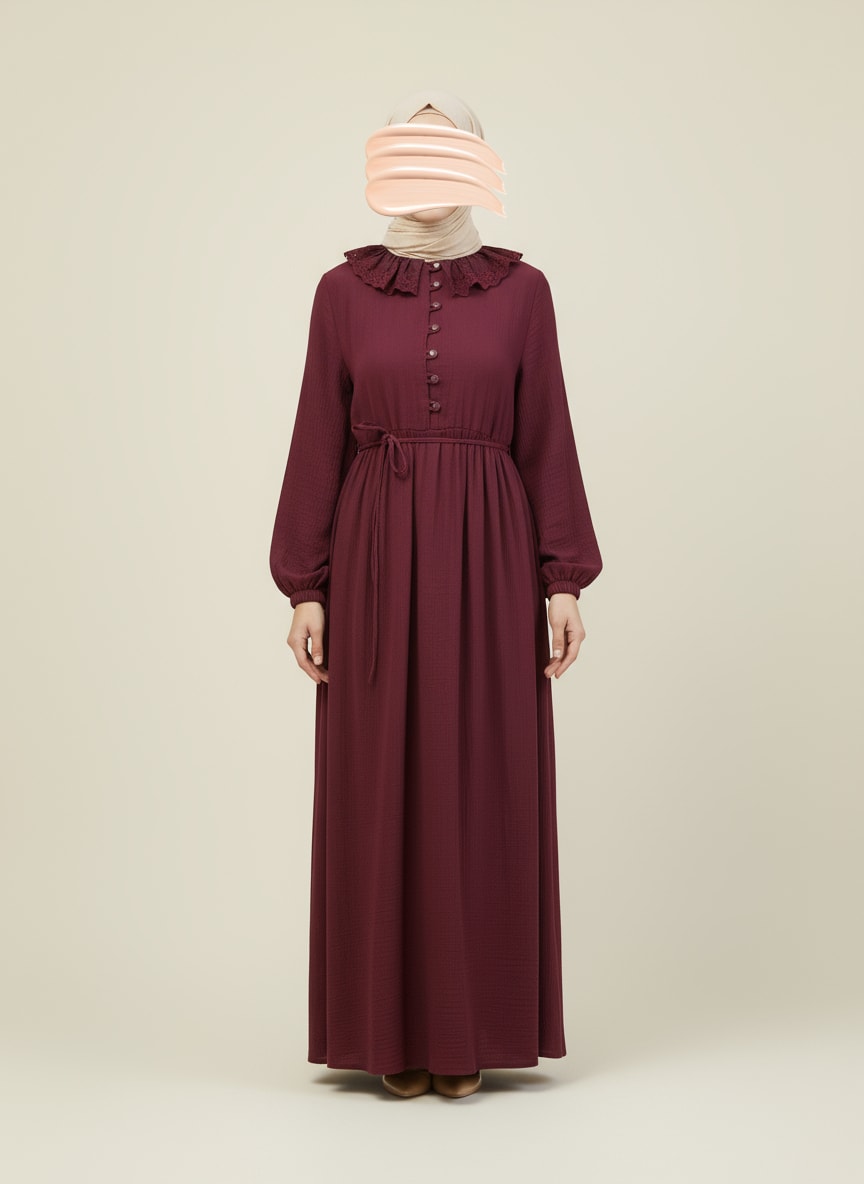 Bordo Dantel Bebe Yaka Yarım Düğmeli Müslin Ferace Elbise