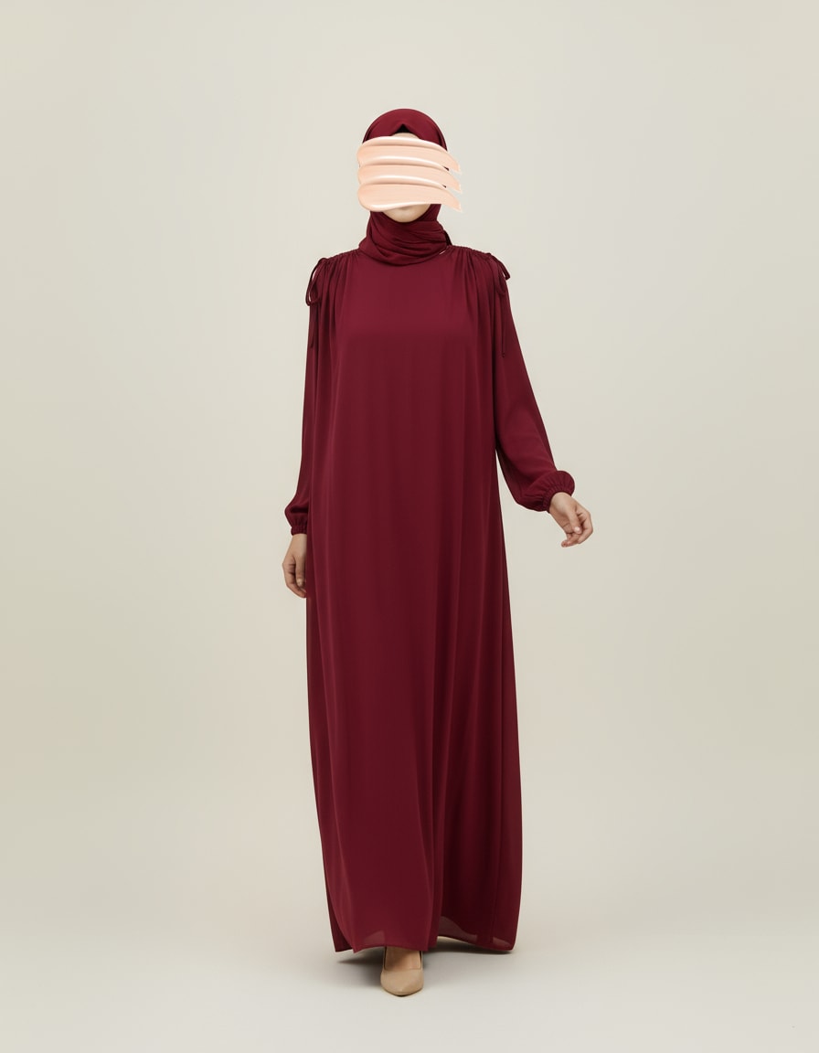 Bordo Omuz İp Büzgülü Ferace