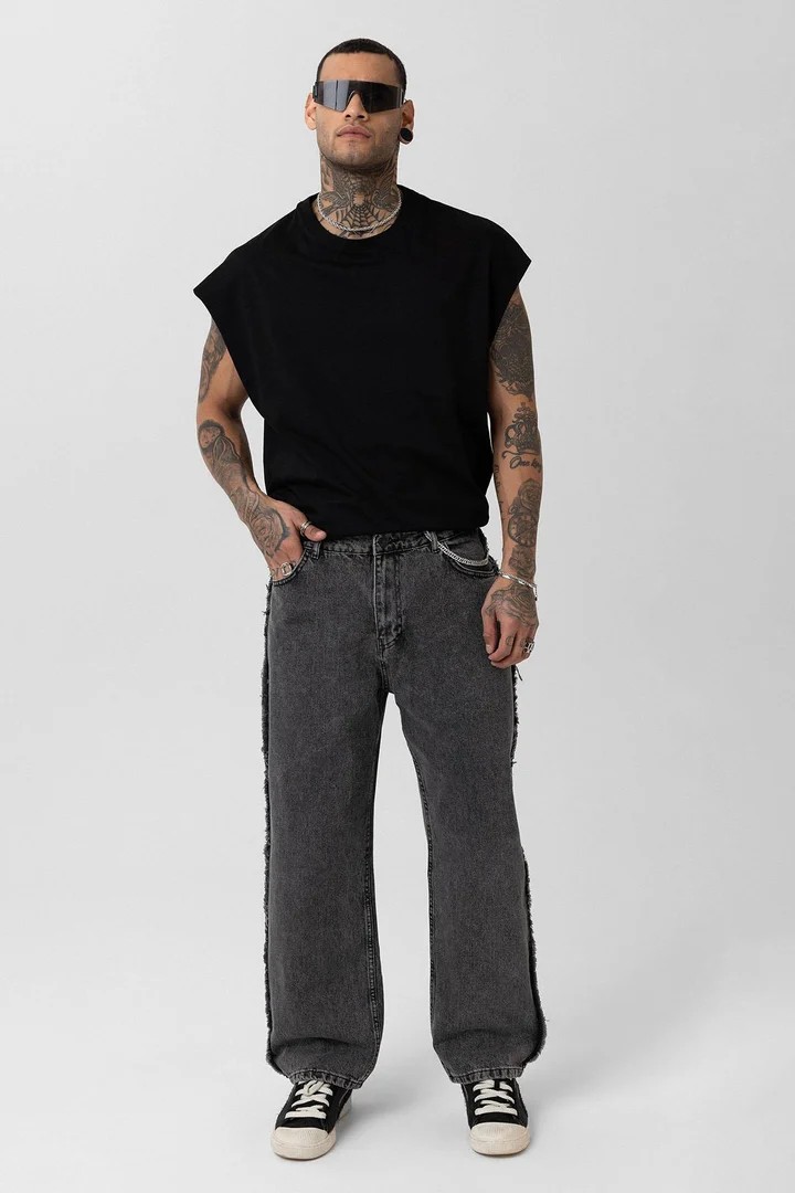 Side Seam Detailed Baggy Jeans Gray