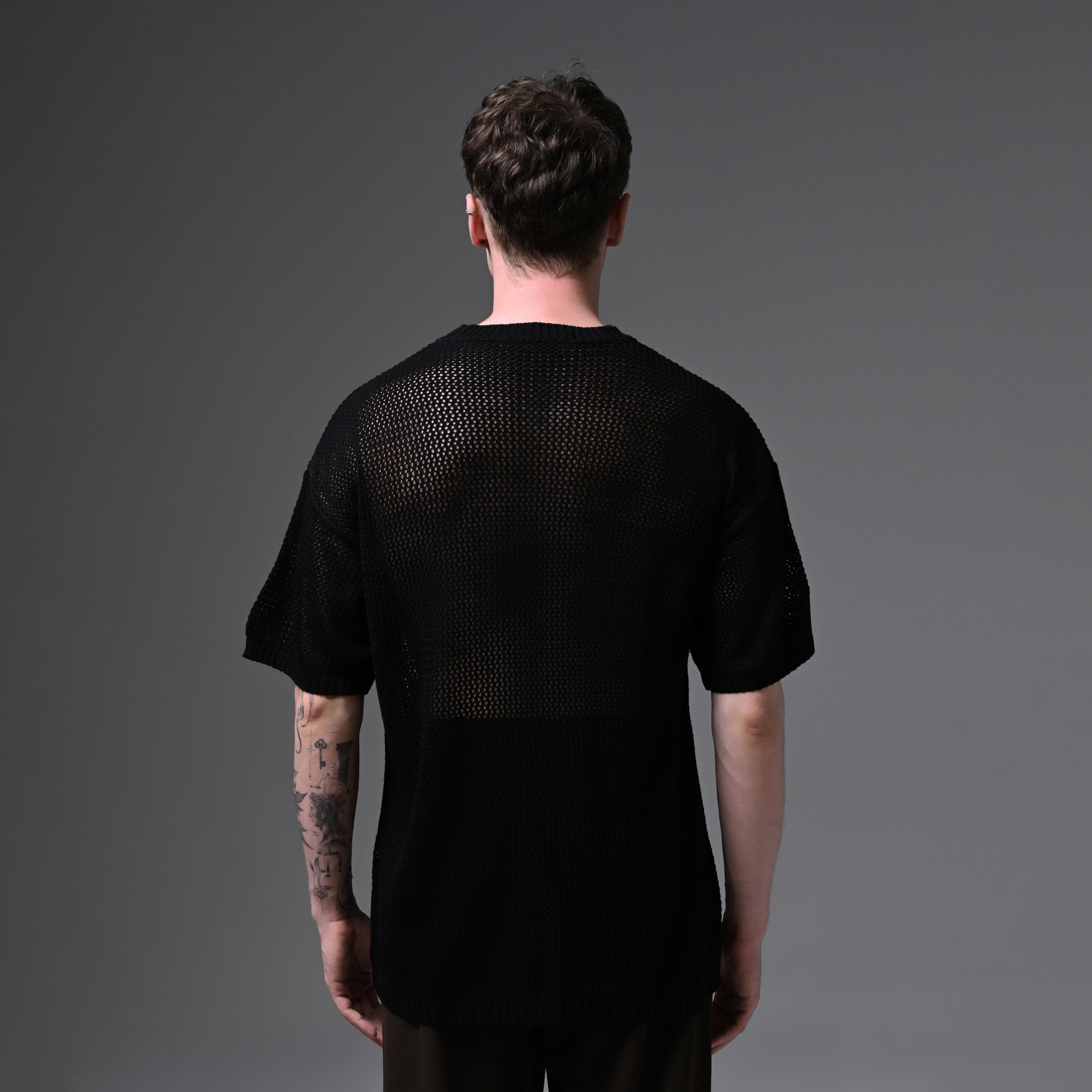 OVERSIZE KNITTED ROUND COLLAR T-SHIRT-BLACK