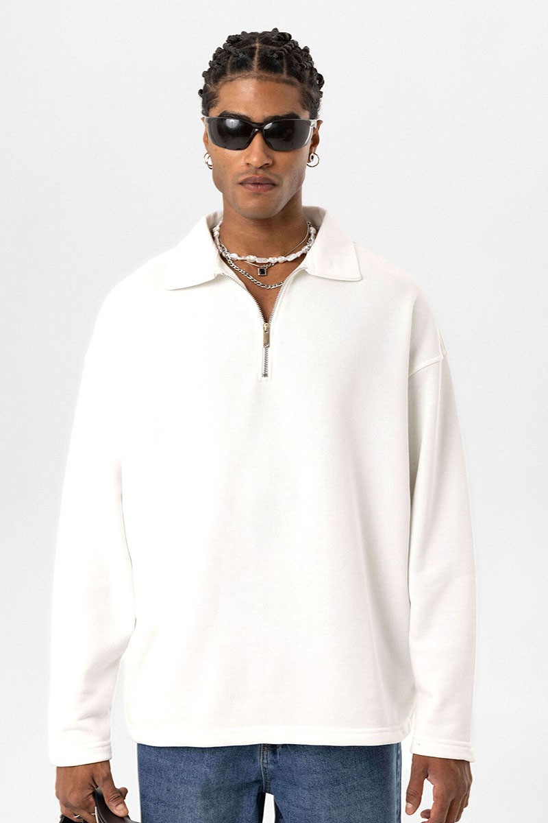 BASIC POLO COLLAR ZIPPERED SWEATSHIRT ECRU