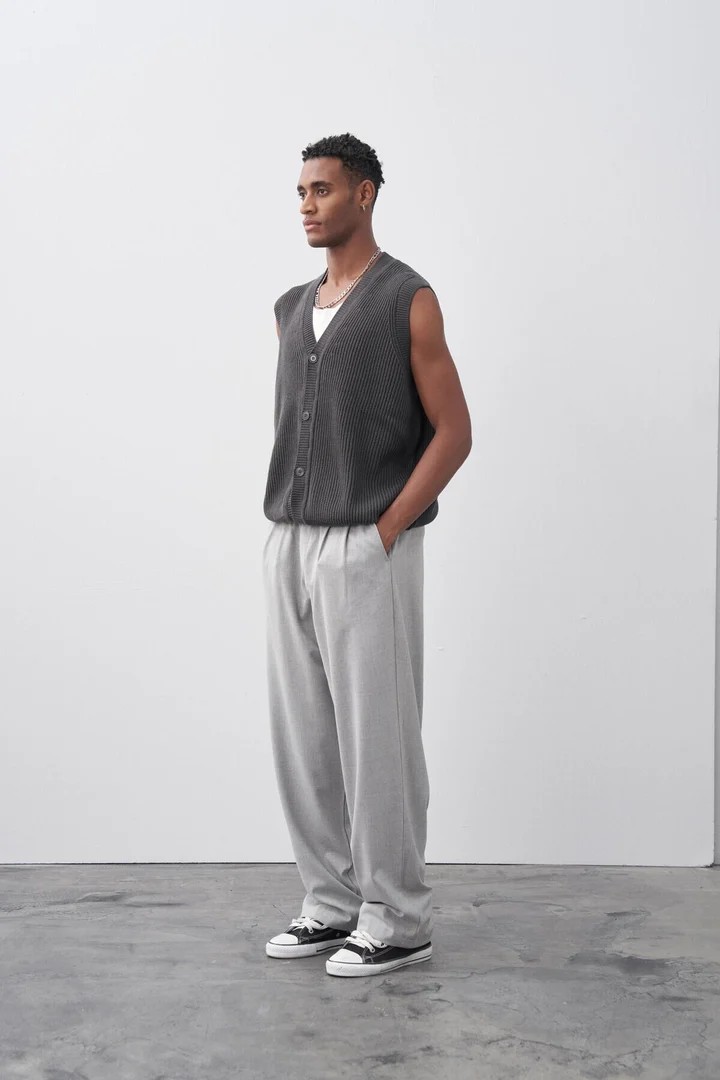 Baggy Fit Fabric Trousers Light Grey