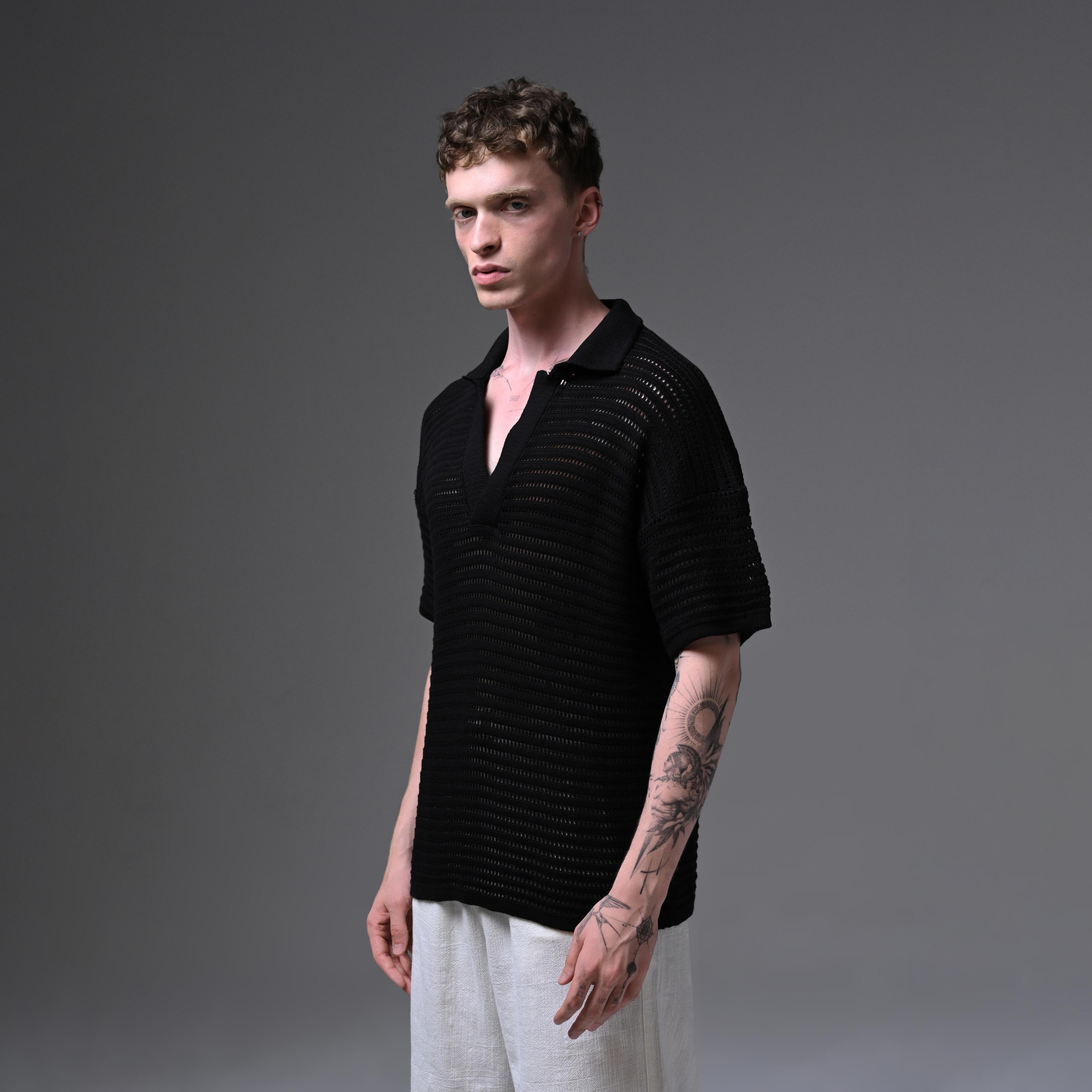 OVERSIZE KNITTED V-NECK T-SHIRT-BLACK