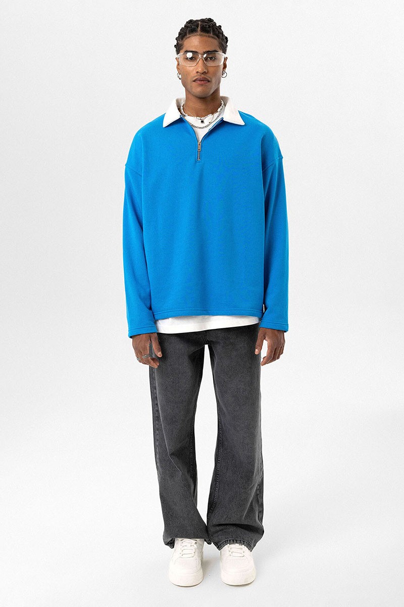 BASIC POLO COLLAR ZIPPERED SWEATSHIRT TURQUOISE