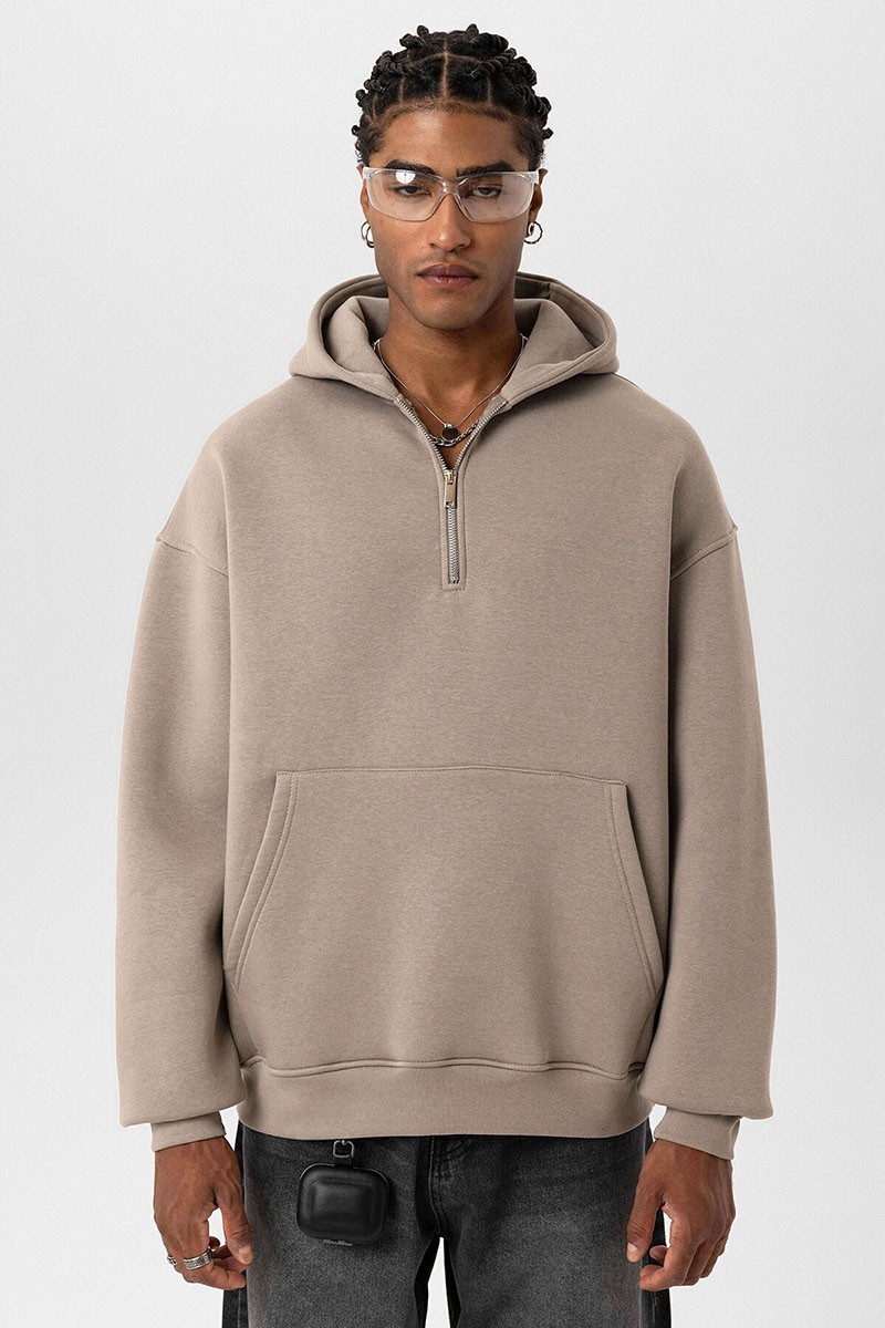 BASIC OVERSIZE ZIPPERED HOODED SWEATSHIRT MINK