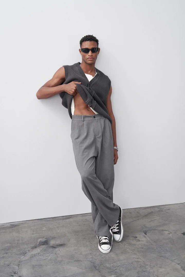 Baggy Fit Fabric Trousers Grey