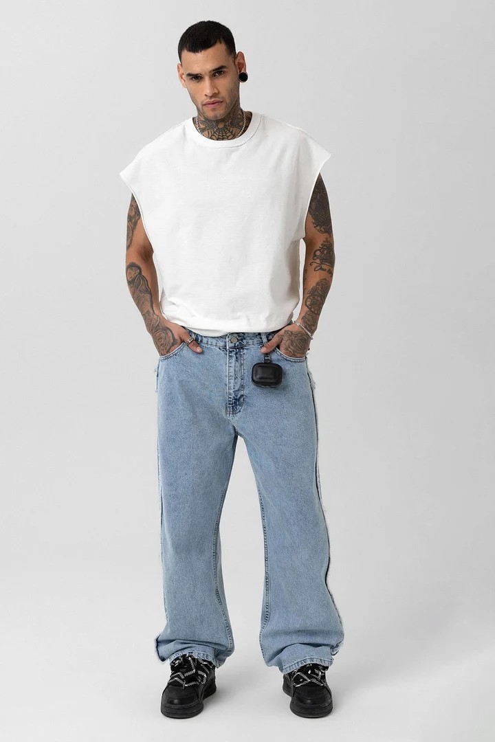 Side Seam Detailed Baggy Jeans Light Blue Melange