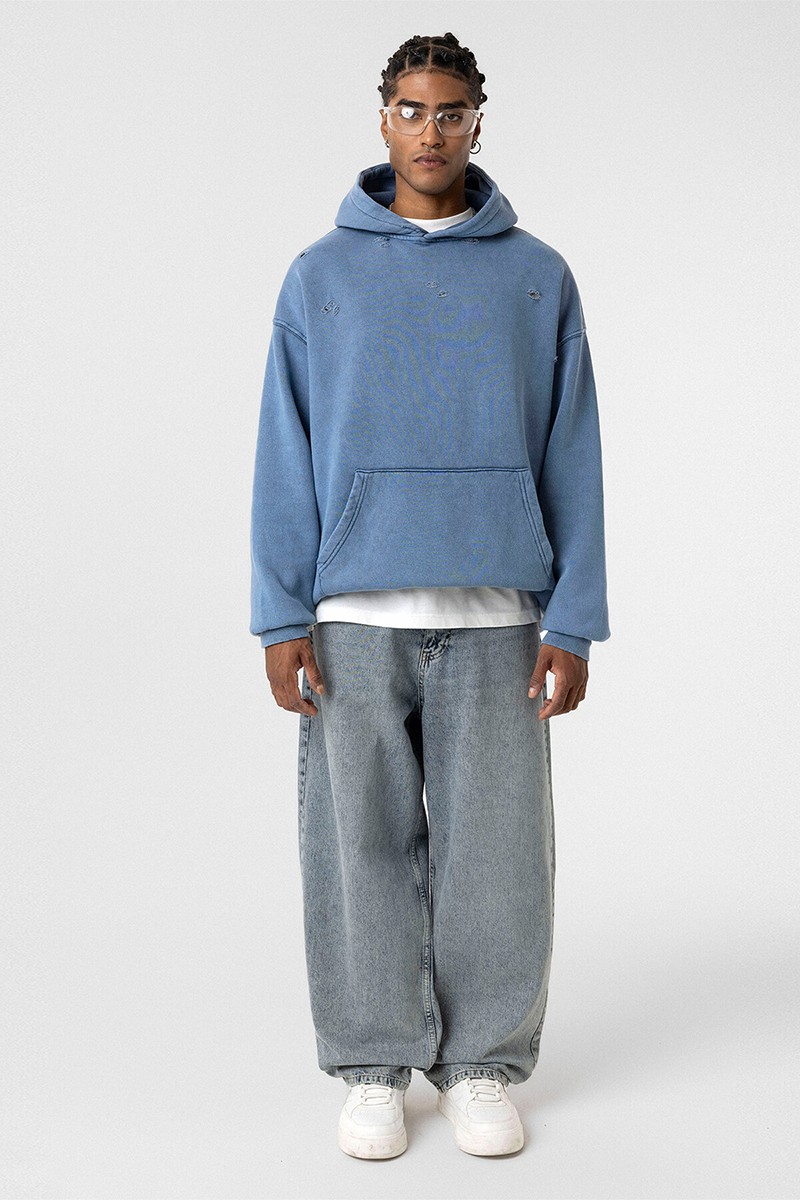 WASHED RIP DETAILED OVERSIZE SWEATSHIRT BLUE