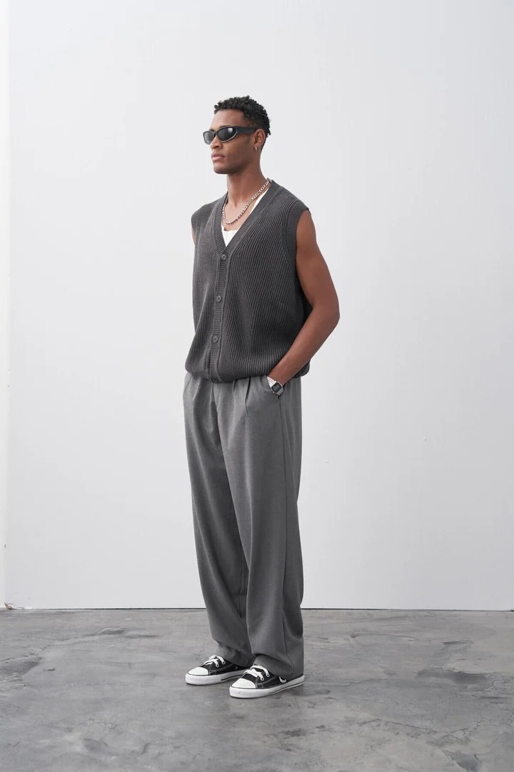 Baggy Fit Fabric Trousers Grey