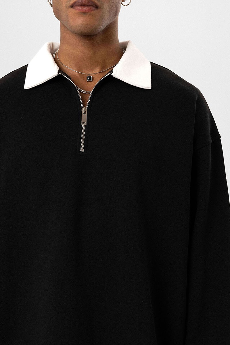 BASIC POLO COLLAR ZIPPER DETAILED SWEATSHIRT BLACK