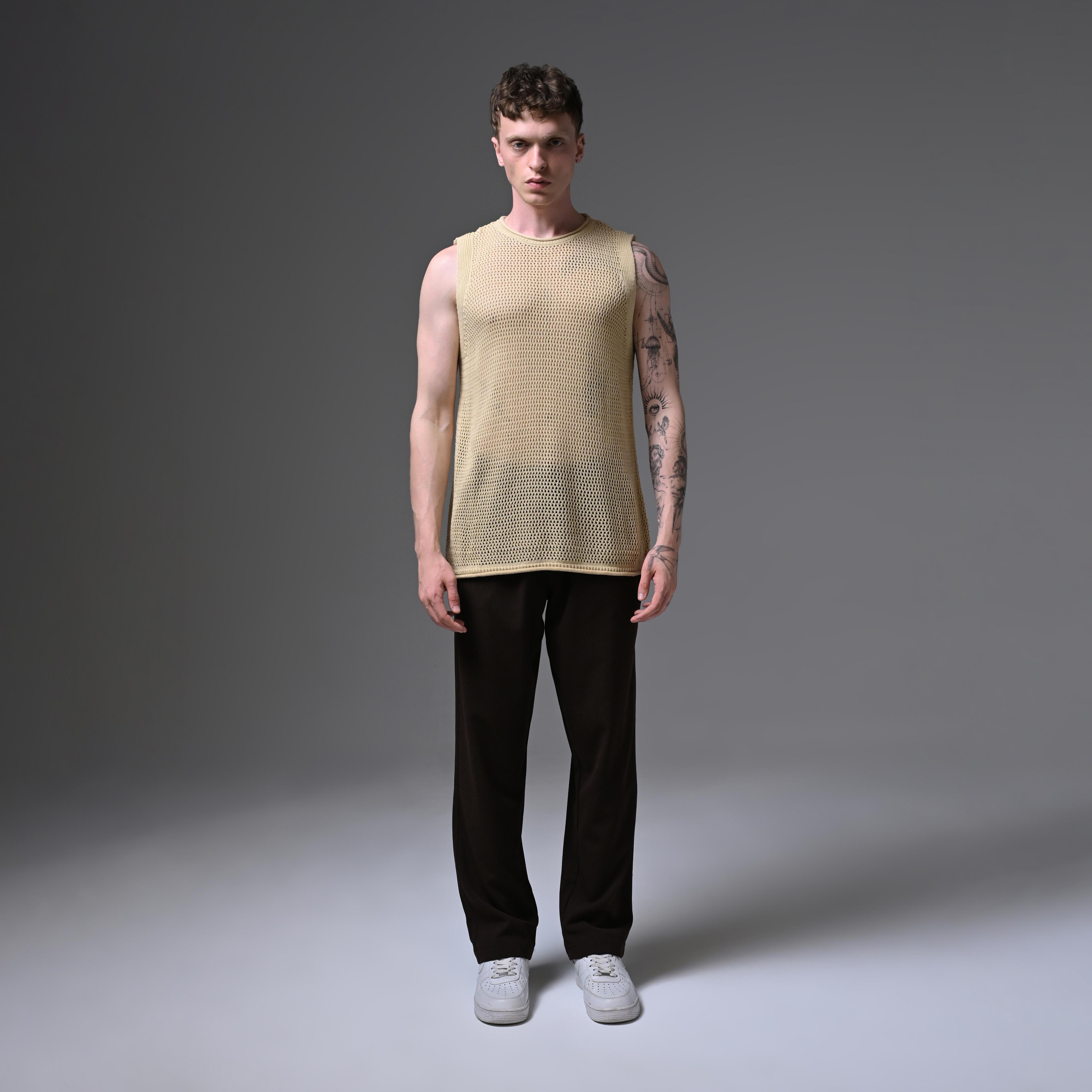 OVERSIZE KNITTED ZERO SLEEVE T-SHIRT-BEIGE