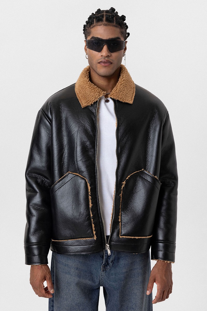 FUR INTERIOR FAUX LEATHER OVERSIZE JACKET-BLACK/CAMEL