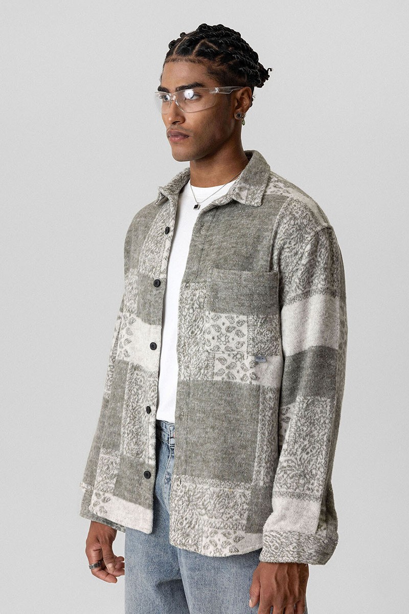 POCKET DETAILED SQUARE PATTERNED OVERSIZE LUMBER SHIRT KHAKI