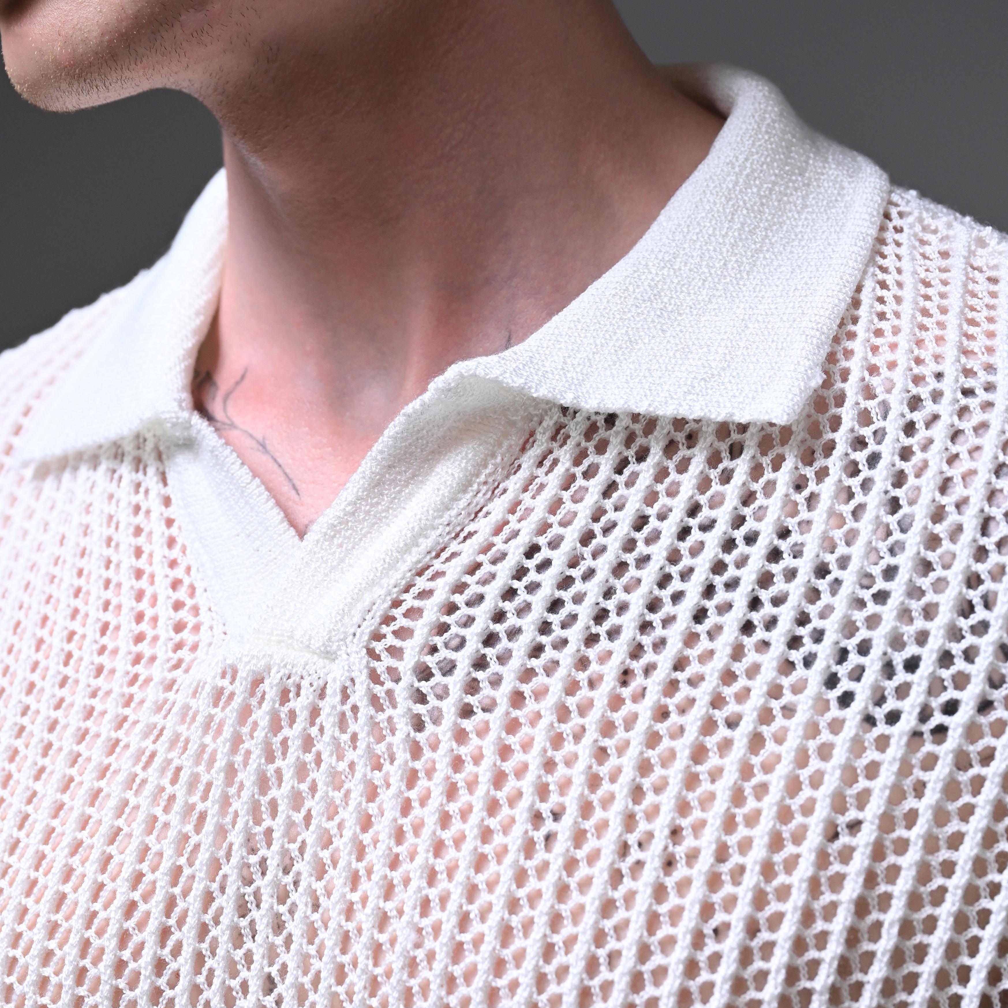 OVERSIZE KNITTED POLO COLLAR T-SHIRT-WHITE