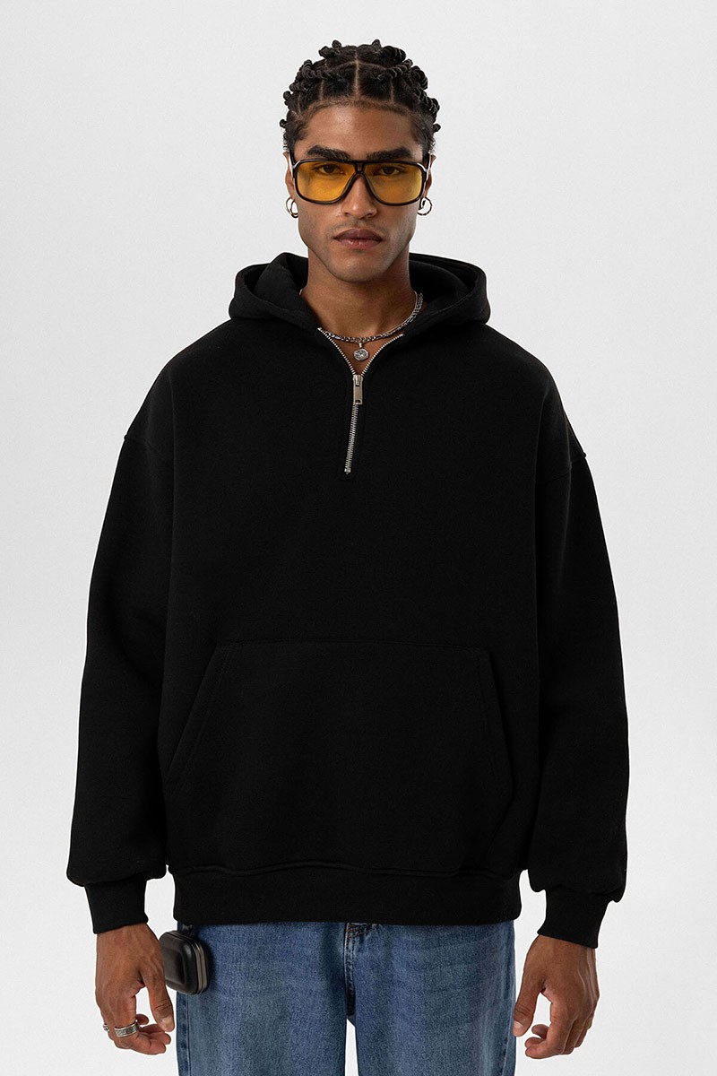 BASIC OVERSIZE ZIPPER DETAIL HOODED SWEATSHIRT BLACK