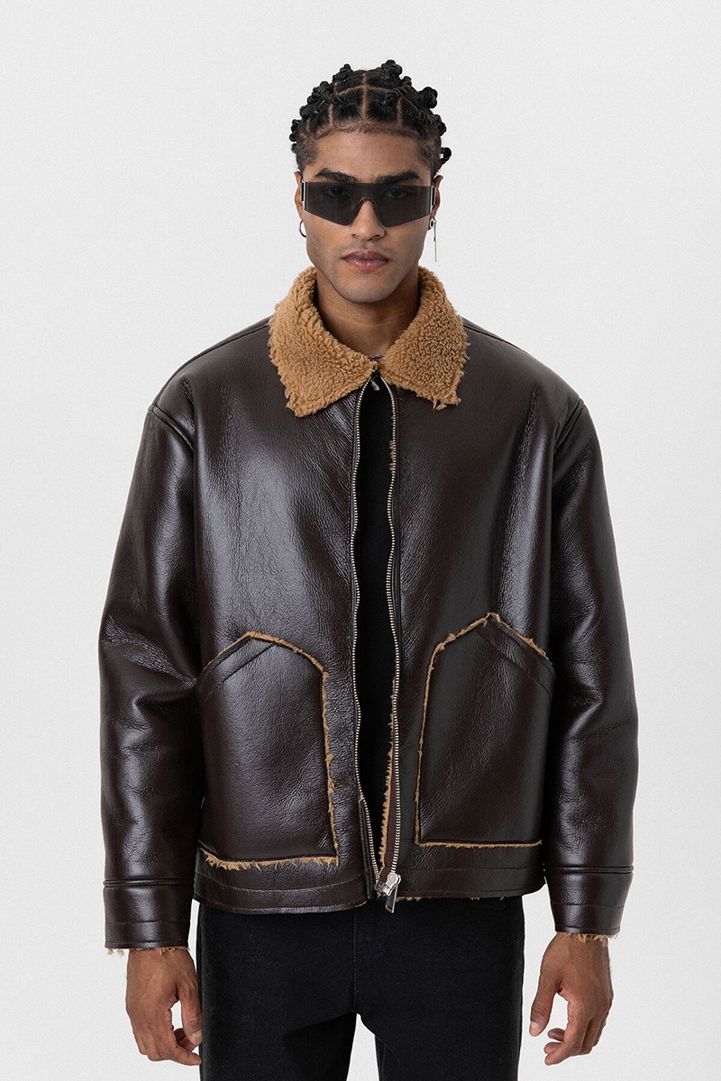 FUR INTERIOR ARTIFICIAL LEATHER OVERSIZE JACKET-BROWN