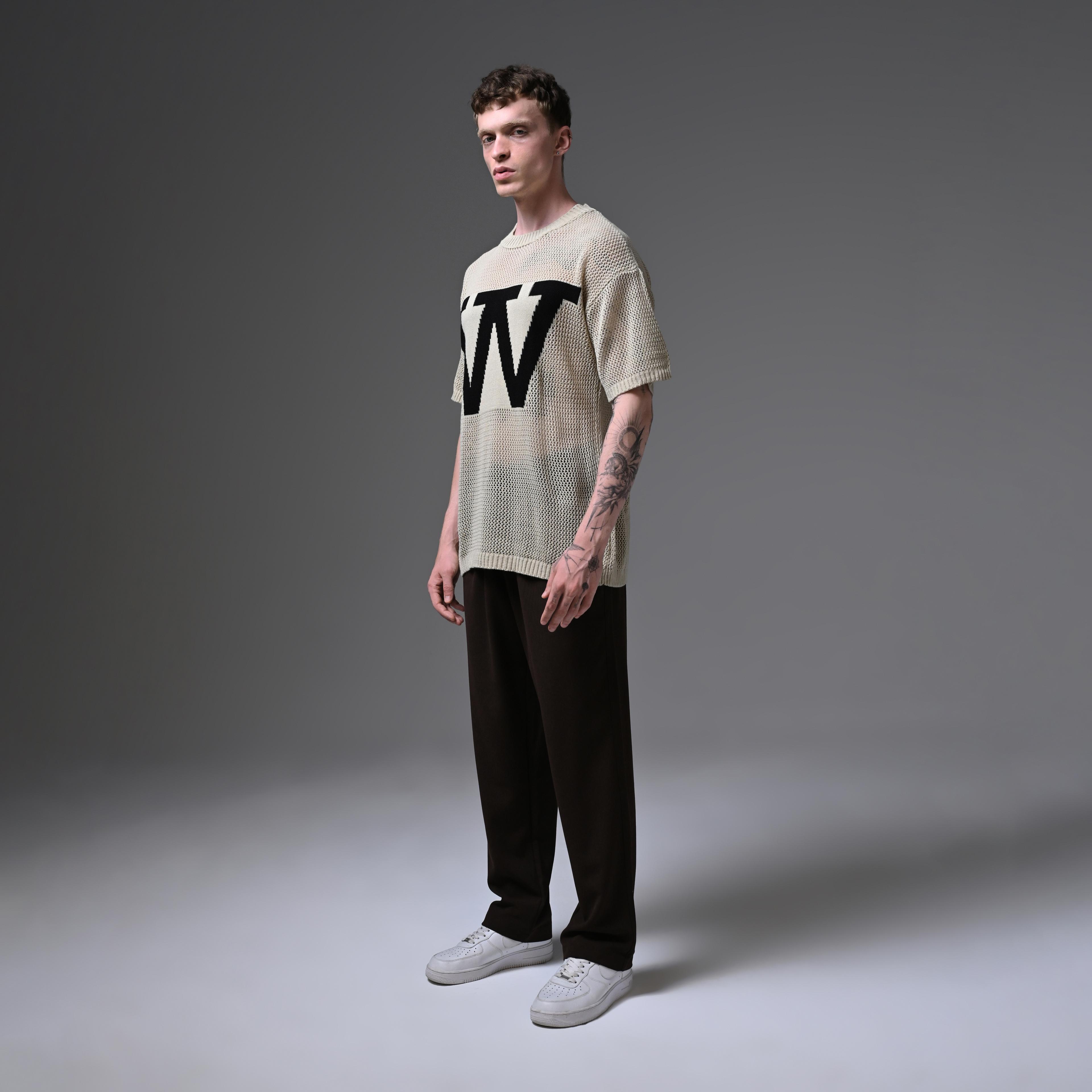 OVERSIZE KNITTED ROUND COLLAR T-SHIRT-BEIGE