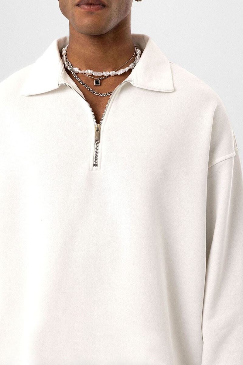 BASIC POLO COLLAR ZIPPERED SWEATSHIRT ECRU