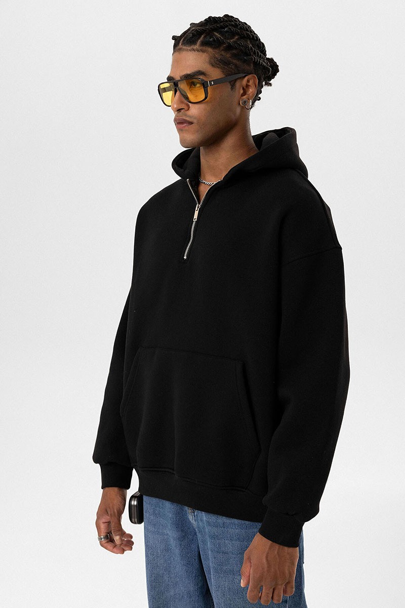 BASIC OVERSIZE ZIPPER DETAIL HOODED SWEATSHIRT BLACK