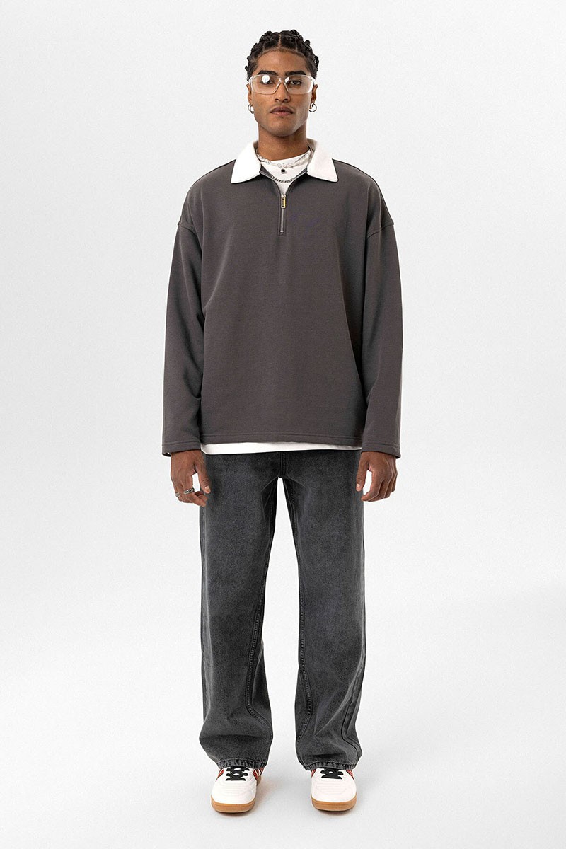 BASIC POLO COLLAR ZIPPERED SWEATSHIRT SMOKED