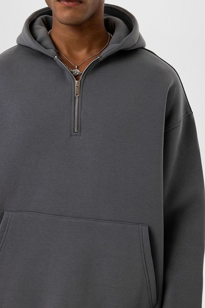 BASIC OVERSIZE ZIPPERED HOODED SWEATSHIRT SMOKED