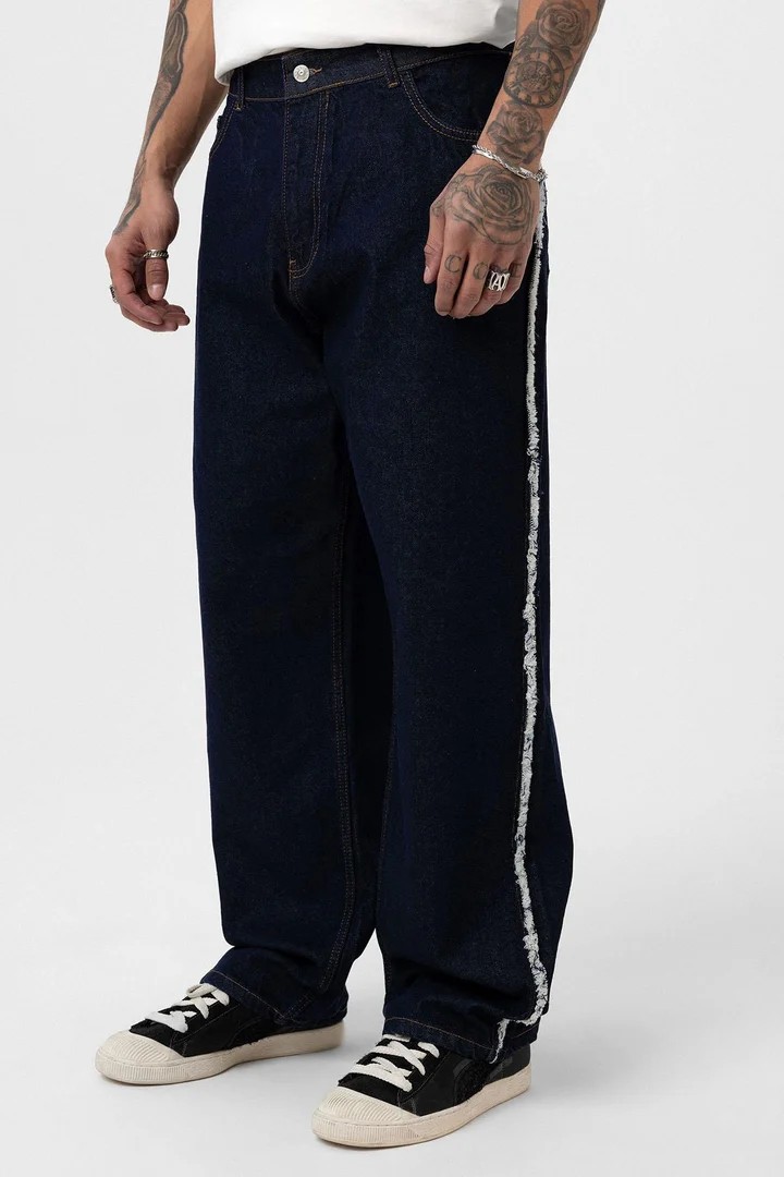 Baggy Jeans with Side Seam Detail Dark Blue