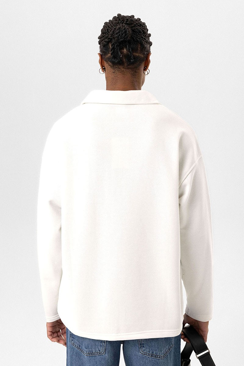 BASIC POLO COLLAR ZIPPERED SWEATSHIRT ECRU