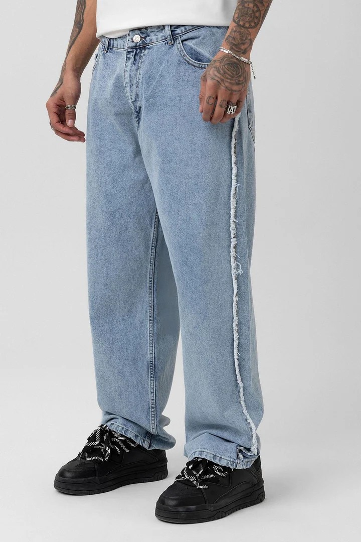 Side Seam Detailed Baggy Jeans Light Blue Melange