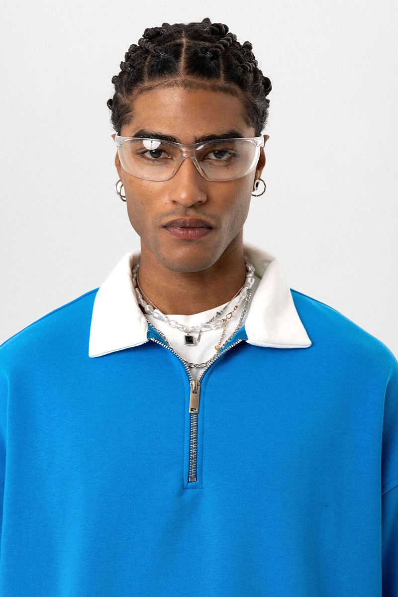 BASIC POLO COLLAR ZIPPERED SWEATSHIRT TURQUOISE