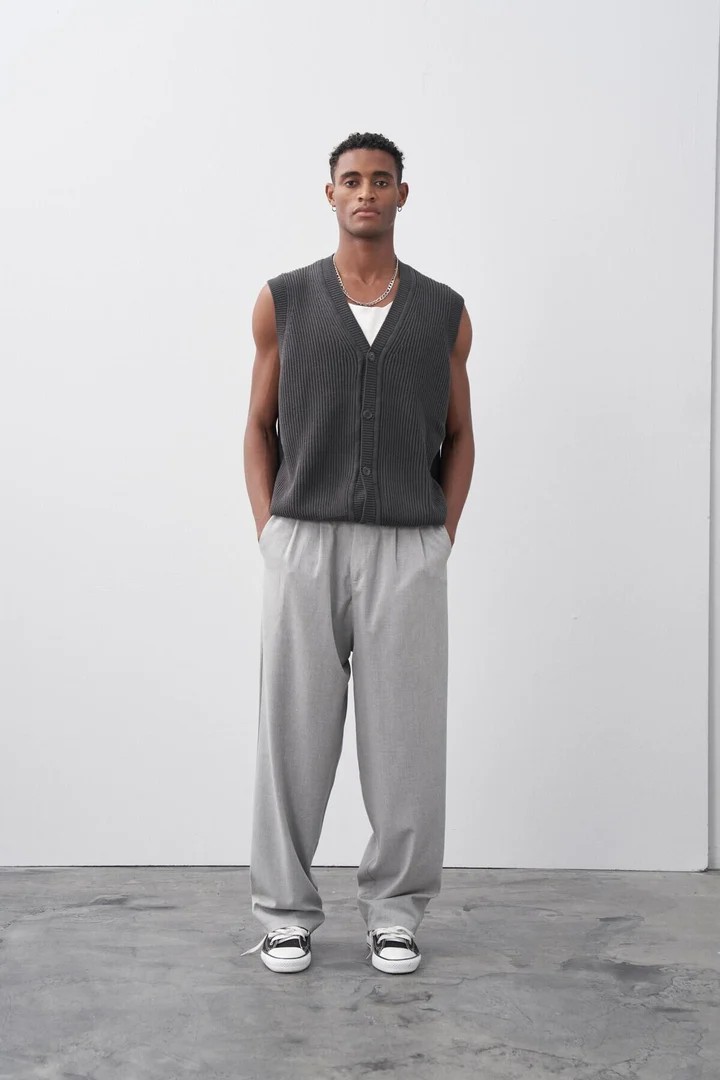 Baggy Fit Fabric Trousers Light Grey