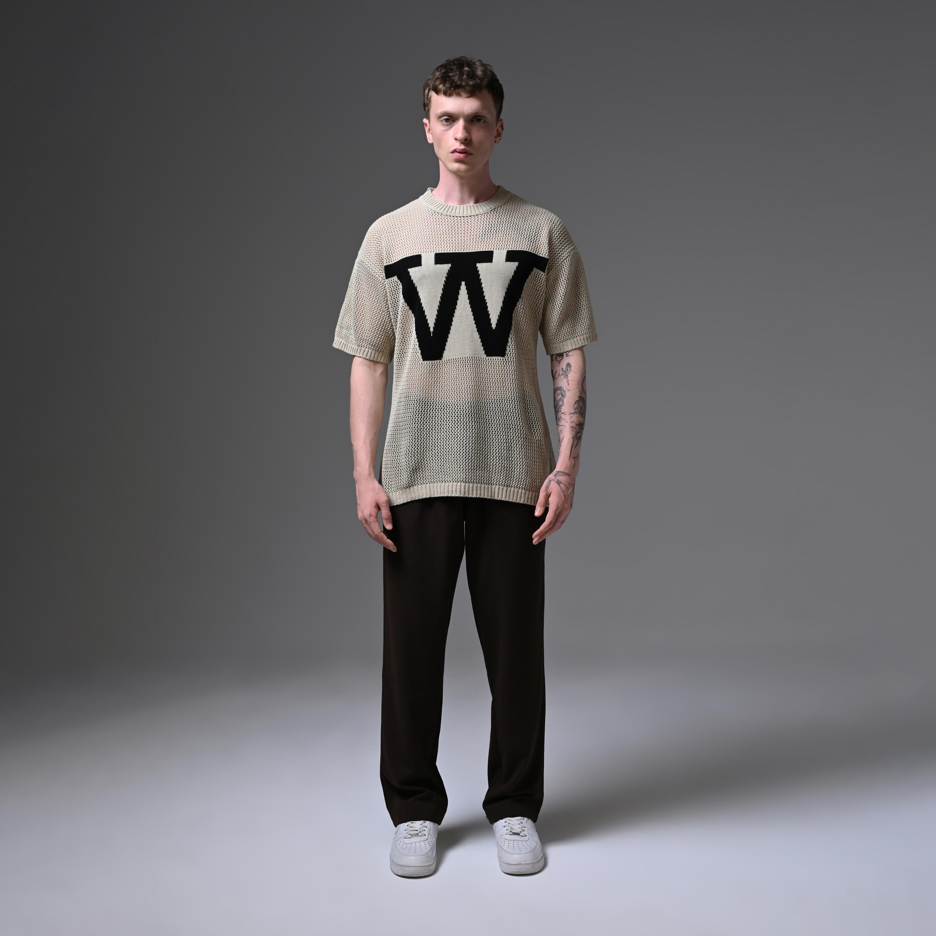 OVERSIZE KNITTED ROUND COLLAR T-SHIRT-BEIGE