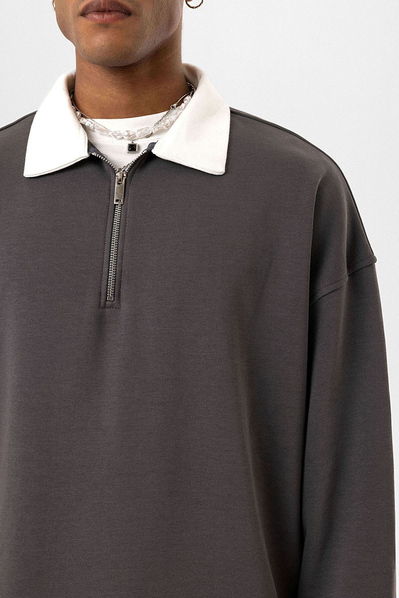 BASIC POLO COLLAR ZIPPERED SWEATSHIRT SMOKED