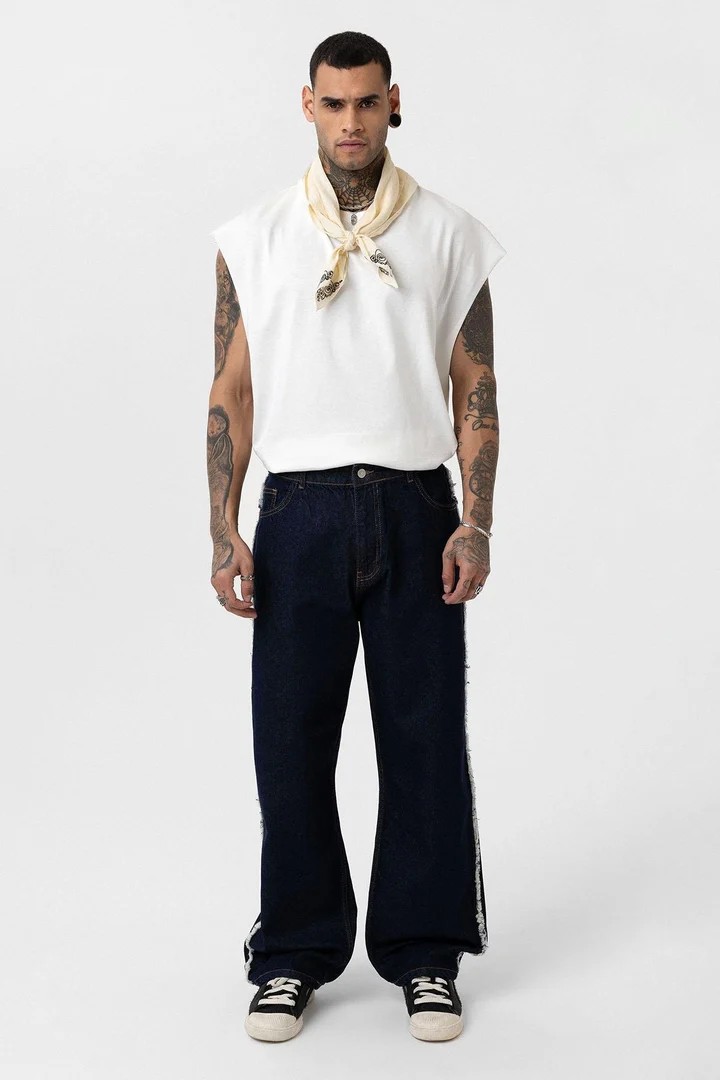 Baggy Jeans with Side Seam Detail Dark Blue