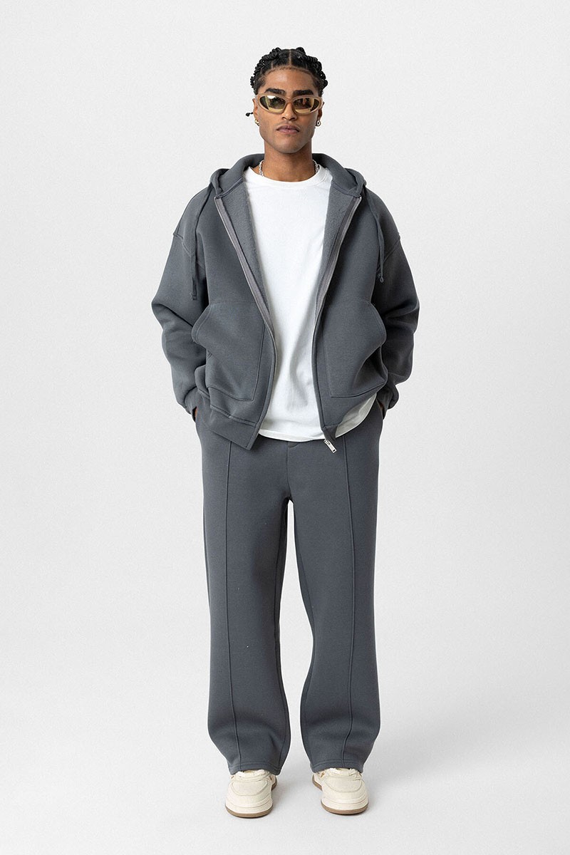 BASIC FRONT STITCH DETAILED BAGGY TRACKSUIT BOTTOM SMOKED