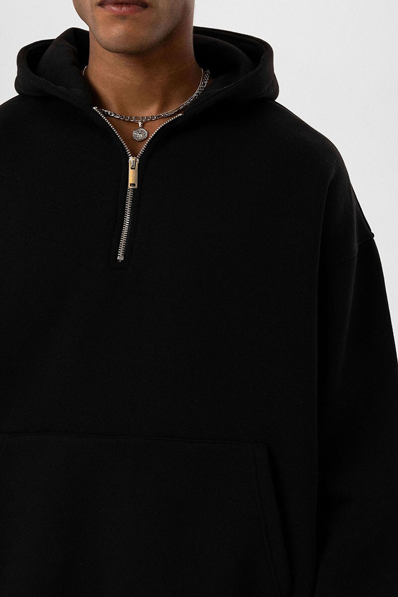 BASIC OVERSIZE ZIPPER DETAIL HOODED SWEATSHIRT BLACK