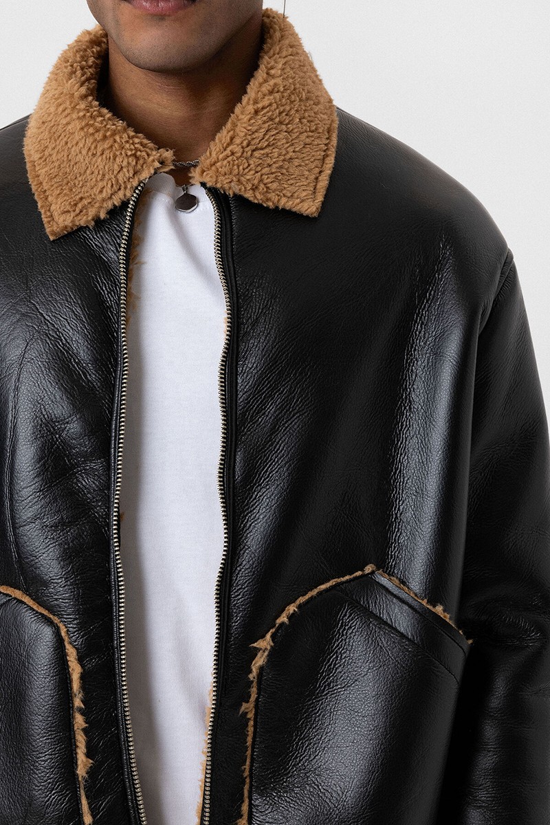 FUR INTERIOR FAUX LEATHER OVERSIZE JACKET-BLACK/CAMEL